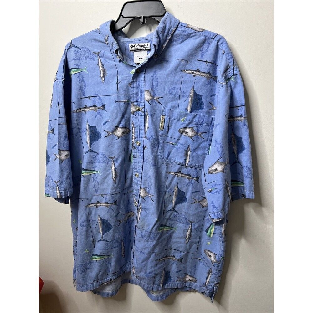 Columbia Shirt Mens‎ XLarge Blue Button Down Short Sleeve All Over Fish Print